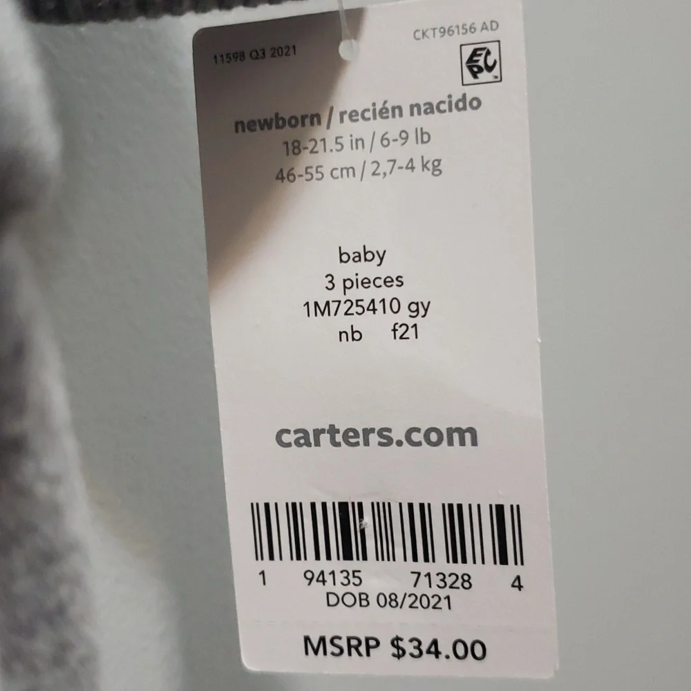 Carter's NWT Newborn 3-piece Gray Fleece Hoodie and Pants with Red Onesie